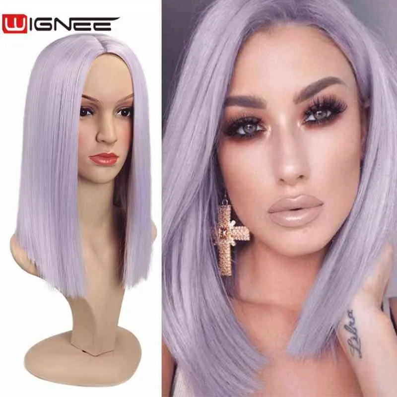 Wignee Synthetic Wig Middle Part Короткая прямая волоса чисто светло -фиолетовые для женщин высокая температура ежедневно/Party/Cosplay Wigs 220622