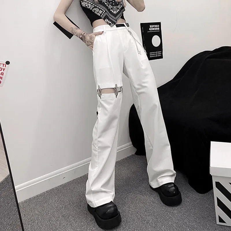 Modische Hose mit hoher Taille und weitem Bein, Straße, Harajuku, schwarze Hose, Übergröße, lässige, lockere Hose mit Gürtel und Kette 220325