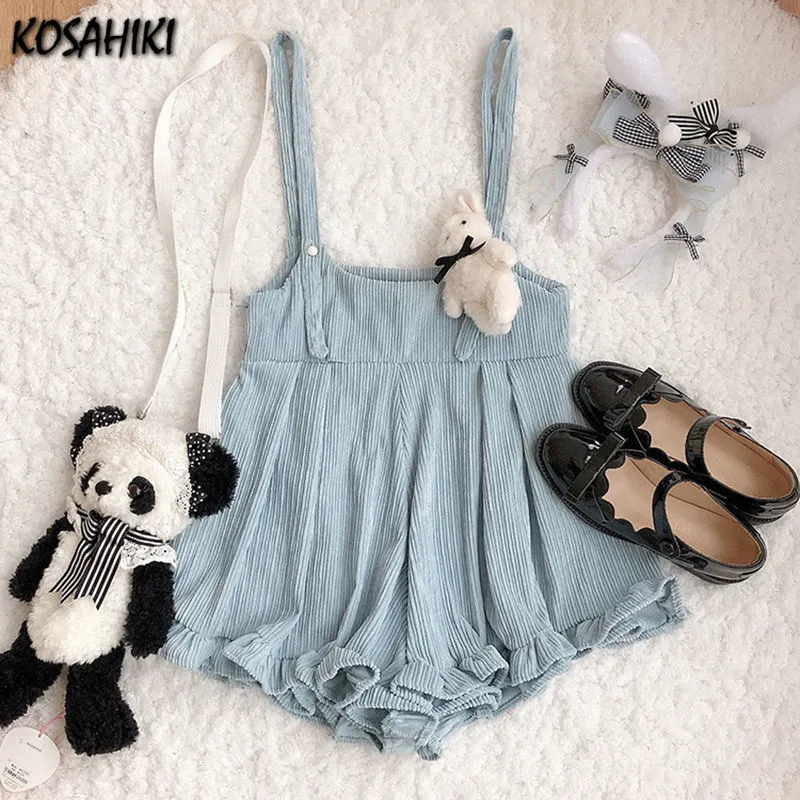 KOSAHIKI Japanese Kawaii Strap Shorts Women Corduroy Ruffle Solid Short Cute Lolita Overalls Chores Para Mujer 220419