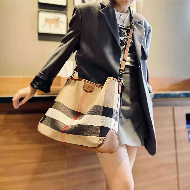 Sacola feminina de lona xadrez de grande capacidade, conversível de luxo, feminina, duas alças, bolsa transversal de couro Hobo, bolsa de ombro X220331