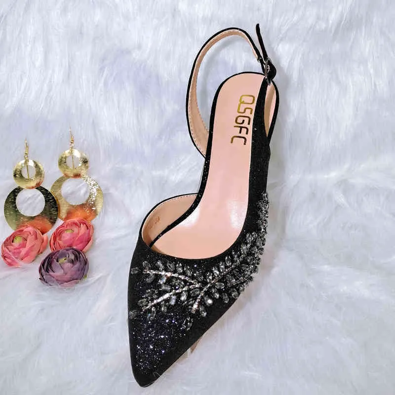 Dress Shoes 2022 Latest Black Color and Elegant Fashion Rhinestone Accessories Pointed Toe Women s Bag Set 220722