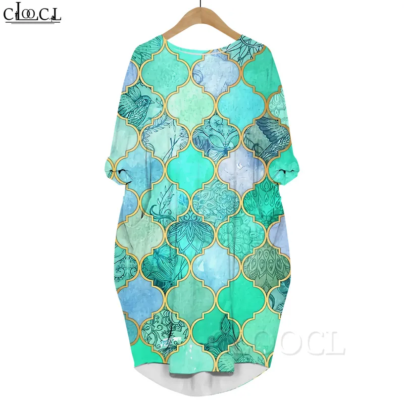 Women Dress Retro Pattern 3D Graphics Printed Daughter Dresses Long Sleeve Kneelength Pocket Dresses Vintage Style 220616