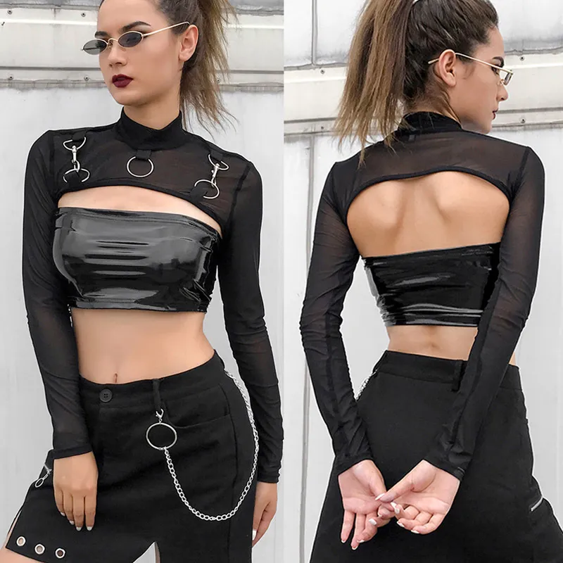 Kayotua T-Shirt Sexy Hip Hop Gothic Lady Micro Short Metal Chain Lace See-through Mesh Long Sleeve Turtleneck Tops 220516