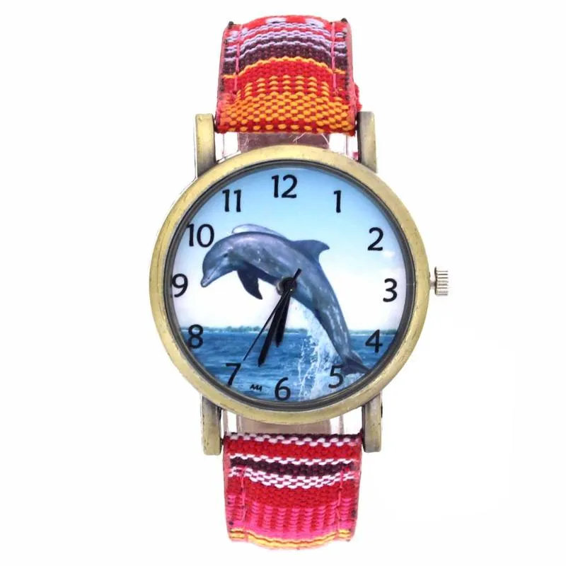 Horloges Dolfijn Patroon Oceaan Aquarium Vis Mode Casual Mannen Vrouwen Canvas Doek Band Sport Analoog Quartz Watch214V