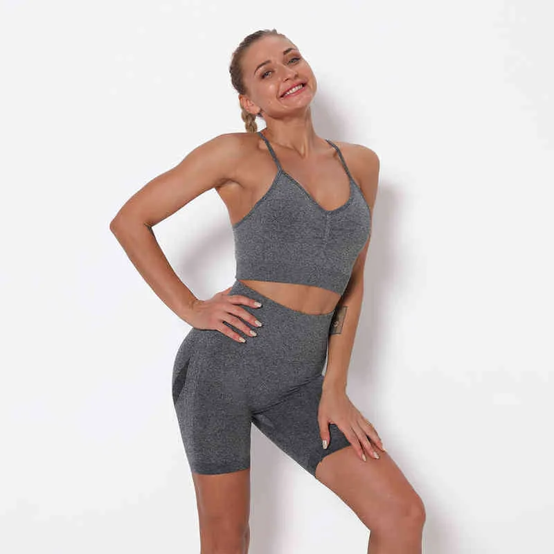 Ensemble de yoga sans couture femmes vêtements pièce soutien-gorge de sport taille haute shorts leggings entraînement actif tenue fitness ensembles de gymnastique porter J220706