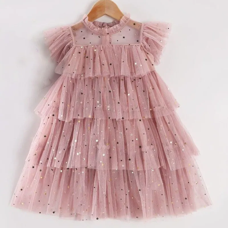 Summer Pink Casual Tulle Princess Dress for Girls Soce Sleeve Sequin Shiny Christmas Costume Children Birthday Party Clothes 220422
