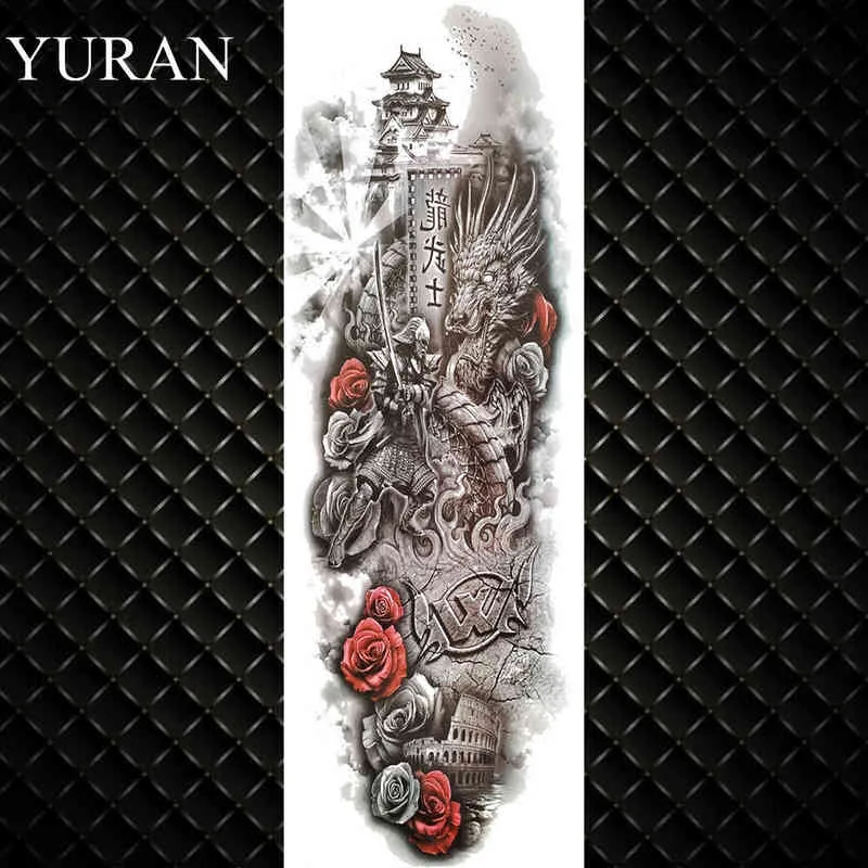 Nxy tatuagem temporária yuran flash falso braço completo soldado s impermeável leão cavaleiro anjo tatoo para homens mulheres corpo perna arte etiqueta 0330