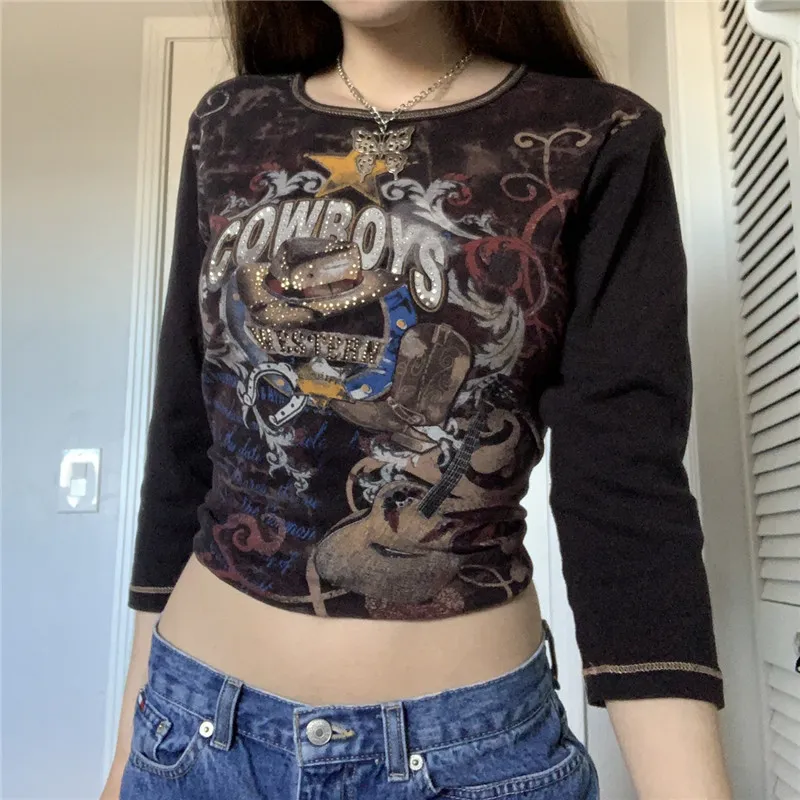 Xingqing Grunge Fairycore Vintage Print T shirt Women Aesthetic Y2k Long Sleeve Tops Autumn E Girl Casual Basic Streetwear 90s 220714