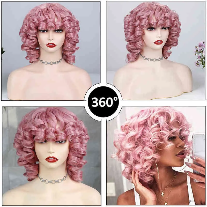 お気に入りのピンクの巻き巻きウィッグ織りゆるいふわふわの波状の短いブロンドカールアフロ合成髪自然に黒人女性を探している220516