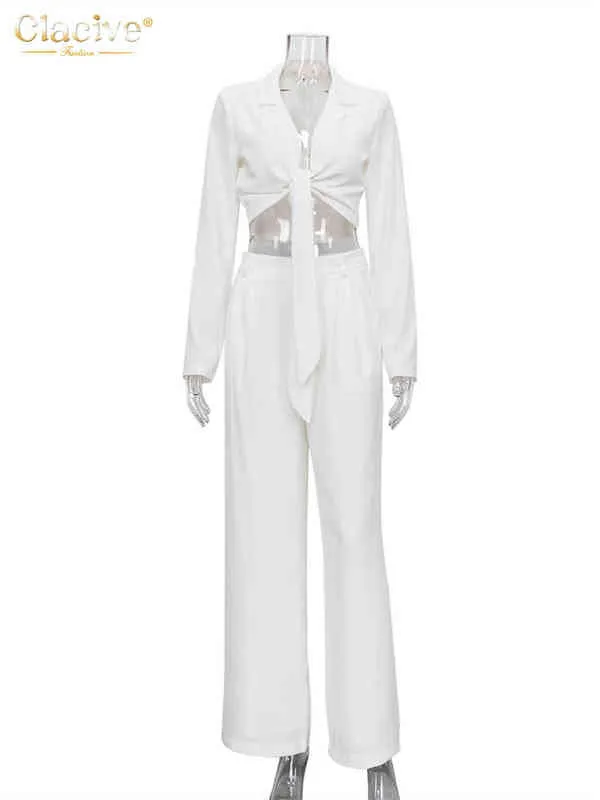 Camisetas de renda sexy clacive Conjunto de mulheres 2 peças Bodycon White High Caists Set feminino elegante Adicionar revestimento de calça larga Ternos T220729