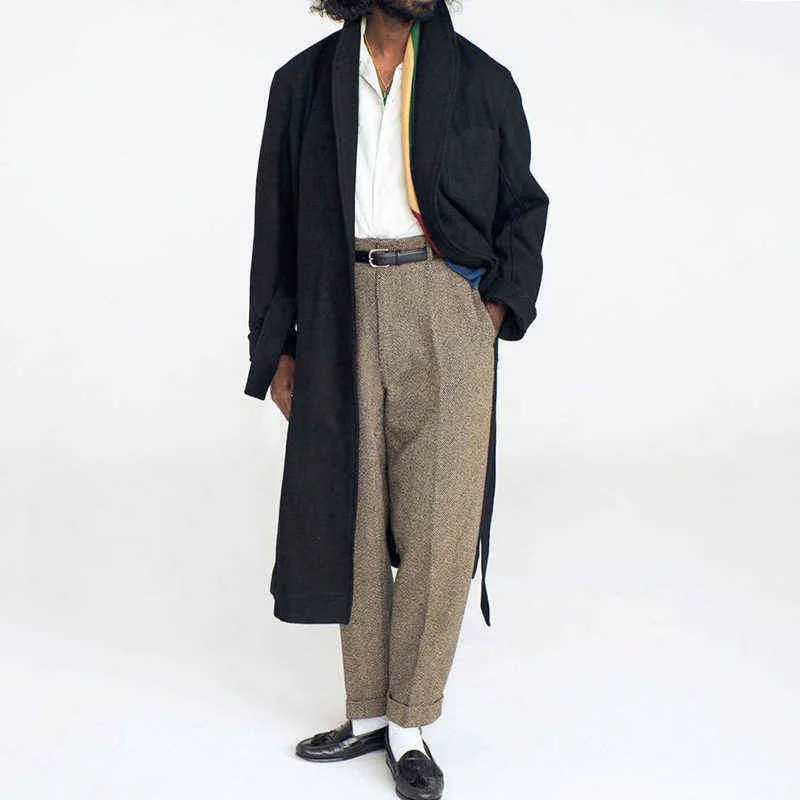Trench de bolso solto casual vintage para homens inverno quente manga longa sobretola moda moda sólida com cinto de jaqueta longa tops de streetwear l220725