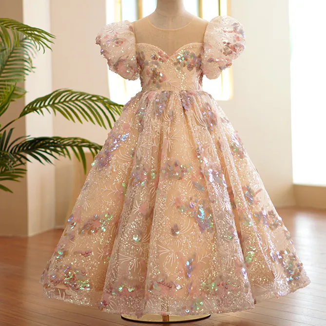 2022 Bling Beaded Crystal Flower Girls Dresses for wedding Tulle Floor Length Beach Girl Pageant Birthday Party Gowns Tulle Skirt 8073792
