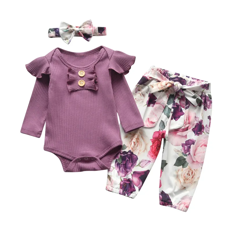 geboren babymeisjeskleding Sets lente herfst bloemen ruches romper top en broek hoofdband baby kleding outfits 220509