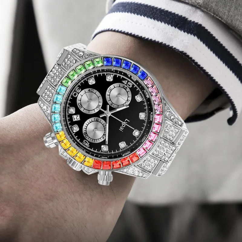 腕時計lvpaiブランドクォーツ時計マイクロパベスアウトカラフルな石のキュービックジルコニアステンレススチールヒップホップ280dのクロム