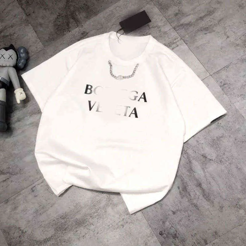 New Fashion Brand  Chain Short Sleeve b Classic Neckline Necklace Round Neck Loose Men's and Women's T-shirt