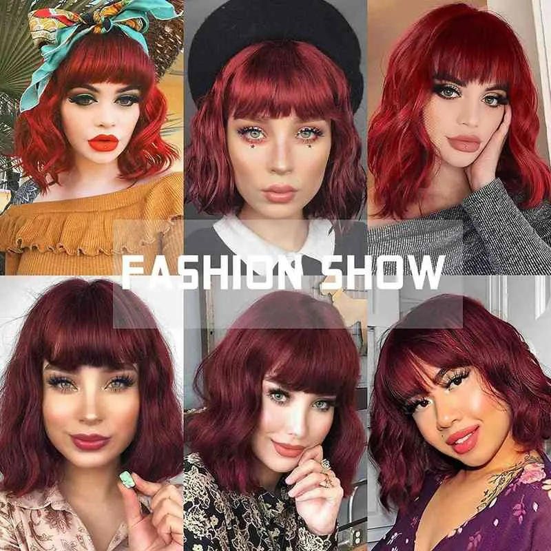 Short Bob Synthetic Wigs for Women Wavy with Bangs Wine Red Heat Resistant Fiber Cosplay Hair 220622