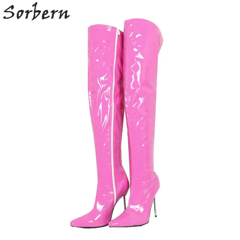 Sorbern – bottes à talons en métal argenté de 12cm pour femmes, chaussures de spectacle de Performance, bordeaux, mi-cuisses hautes, bout pointu étiré