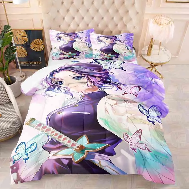 Anime Dämon Slayer Kochou Shinobu Kamado Nezuko Cosplay Bettbezug Bettwäsche Set Volle Größe King-Size-Bett Tröster Quilt Hause