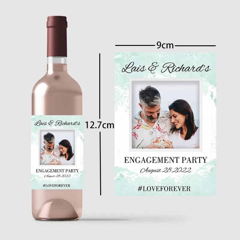 20 piezas pegatinas para botellas de vino, impresión personalizada de compromiso de boda, etiquetas de decoración de fiesta Po, texto de imagen personalizado 220613