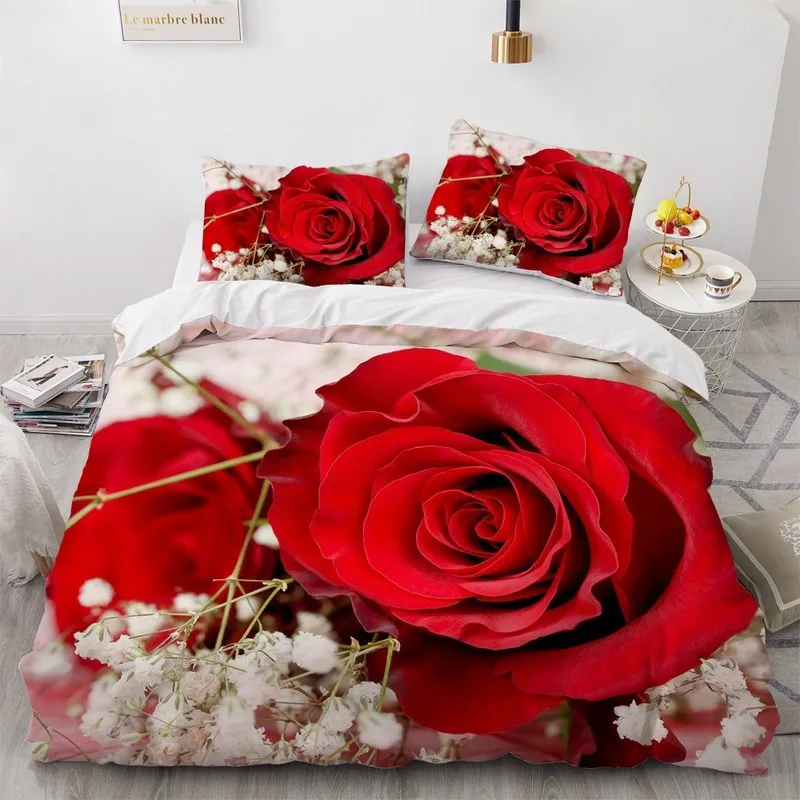 Set biancheria da letto 3D rosa rossa Set personalizzato king size 3 pezzi Copripiumino CopertaTrapunta federa Set letto di fiori matrimonio in microfibra 220616