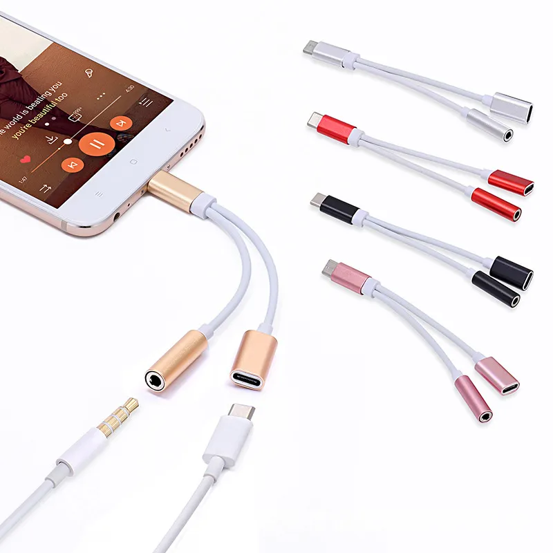 USB-C To 3.5 AUX Audio Cables 2in1 USB Type C-3.5mm Jack Audio-Splitter Earphone Cable Charging Adapter Phone Accessory