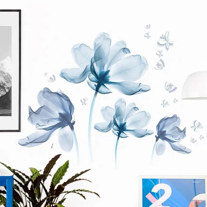 Duże 3D Blue Flower Wall Stickers Butterfly do wystroju domu Dekoracja salonu naklejki ścienne DIY Tapeta Plakat sztuki