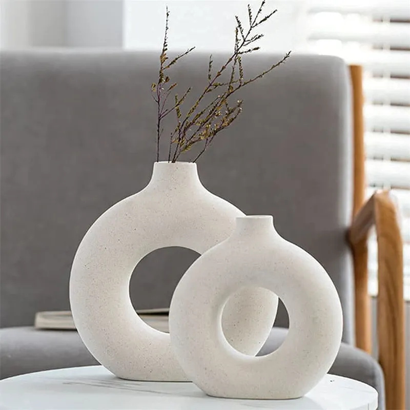 Nordic Circular Hollow Ceramic Wazon Donuts Pot Home Decoration Akcesoria Office Desktop Salon Sztuka Ozdoby Prezent 220423