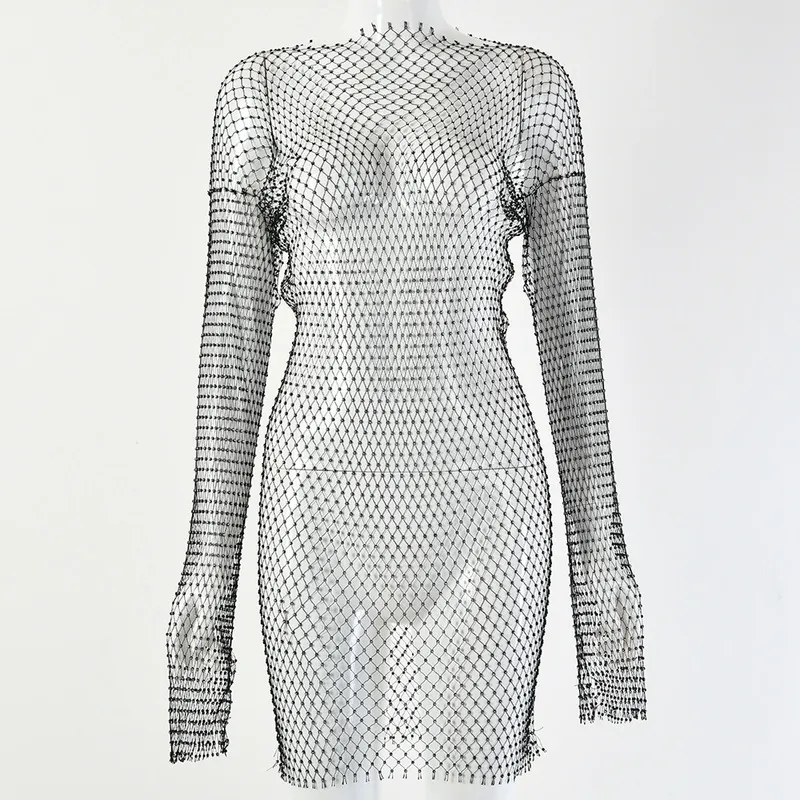 Dirtylily Crystal Diamond Sexy bodycon jurk Women Hollow Out Out Long Sleeve Mini Dress Summer See Through Farty Dress 220615