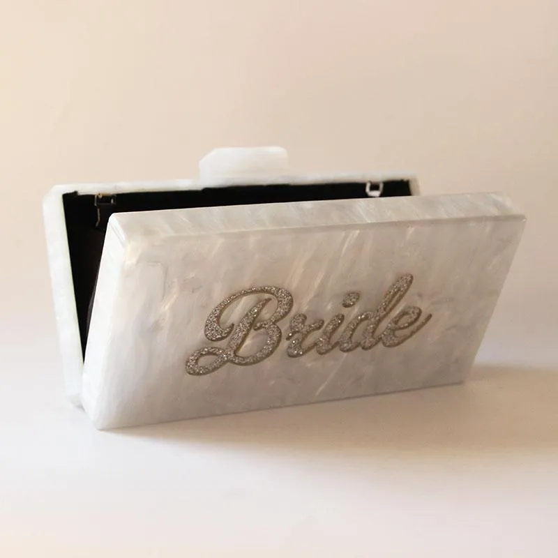 Borse da sera Bianco perla con glitter argento Nome Sposa Scatola in acrilico Pochette Borse da donna Moda Fatta a mano Claps Pochette da spiaggiaEv223q