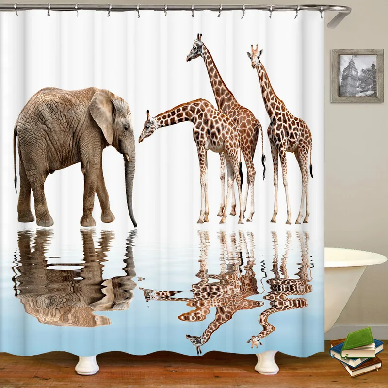 Cortina de chuveiro de decoração do banheiro Funny Elephant Zebra Giraffe 3D Impresso à prova d'água com ganchos 220429