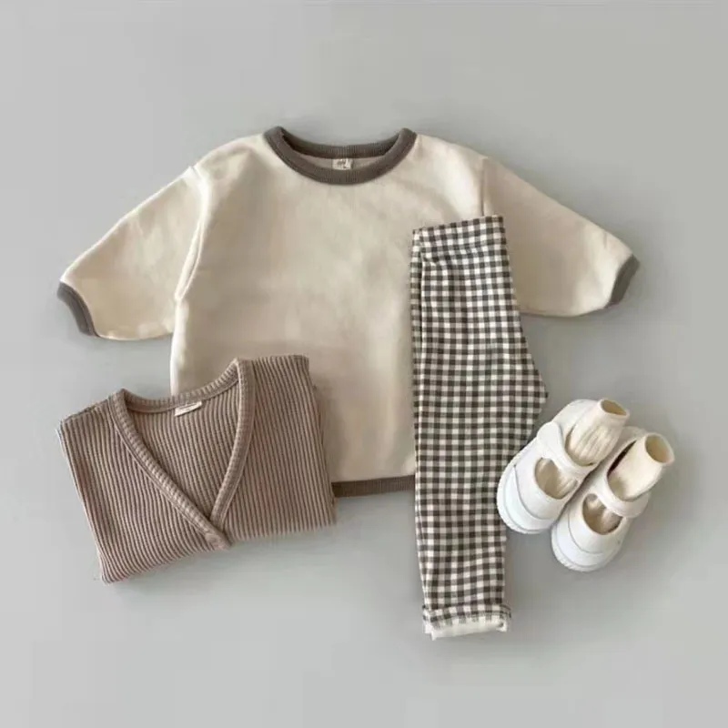 Baby Boys Solid Cute Casual Long Sleeve Top Cotton Spädbarn Småbarn Girls Plaid Fashion Pant Set Children Pyjamas 220507