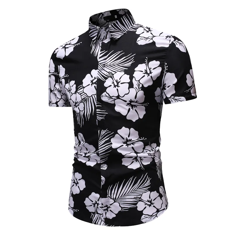 Erkek Moda Siyah Beyaz Floral Gömlek Sıradan Düğme Kısa Kollu Hawaiian Gömlek Plaj Tatil İnce Fit Partisi Gömlekler Tops 220527