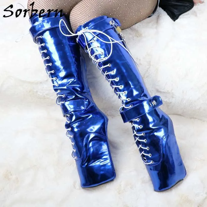 Sorbern métallisé bleu genou bottes hautes Cosplay serrures avec clés Ballet Wedge grande taille Feminino chaussures érotiques personnalisé large ajustement veau