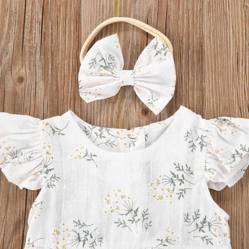 Dzieci dzieci Baby dziewczyna Floral Summer Bodysuit krótkie rękawy O-Neck Bodysuit Bowknot Opaska na głowę Sunsuit Outfits G220521