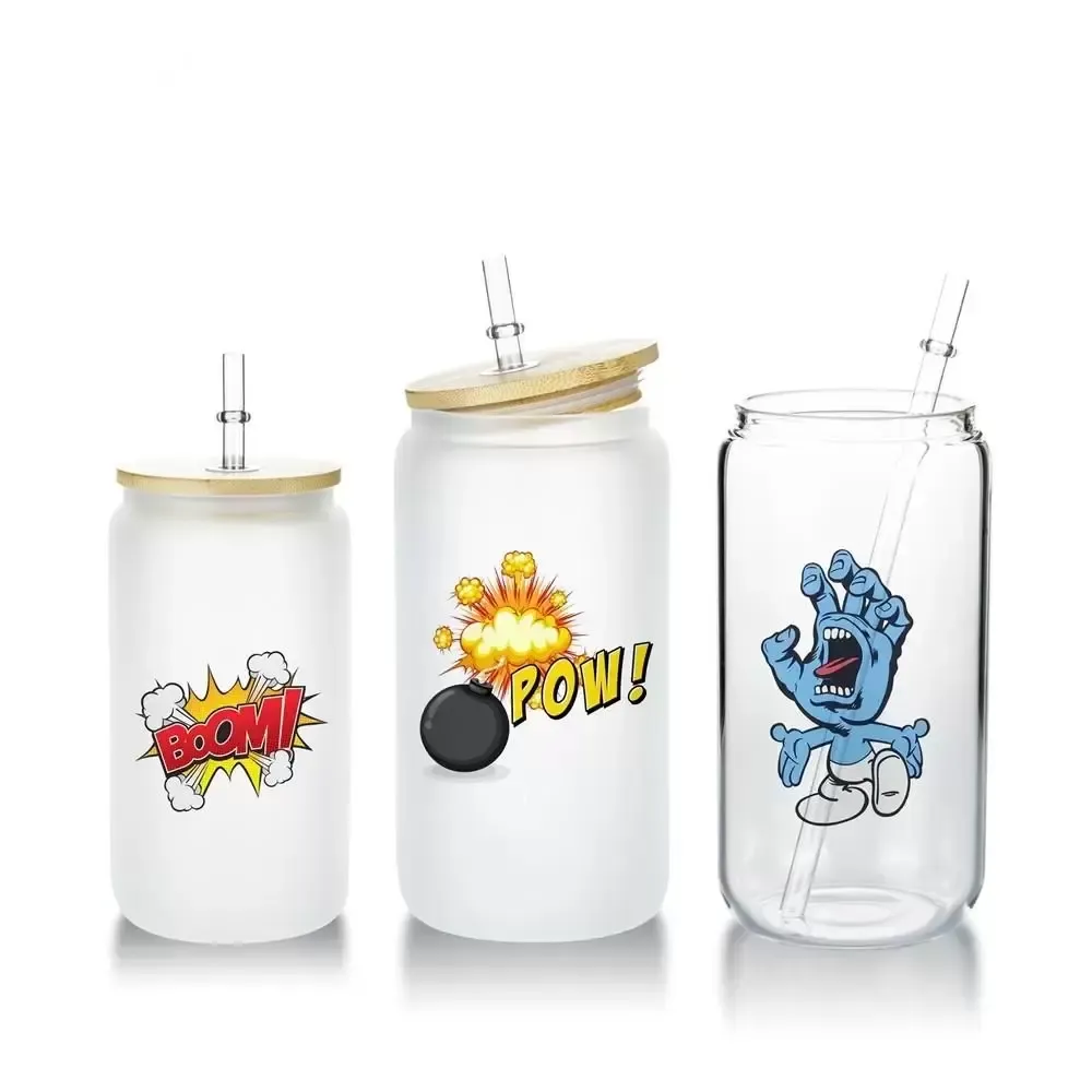 US Local Warehouse 16oz Sublimation Glass Beer Mugs Iced Coffee Water Bottles Blank Tumblers Can Drinking Cups With Bamboo Lids And Reusable Straws