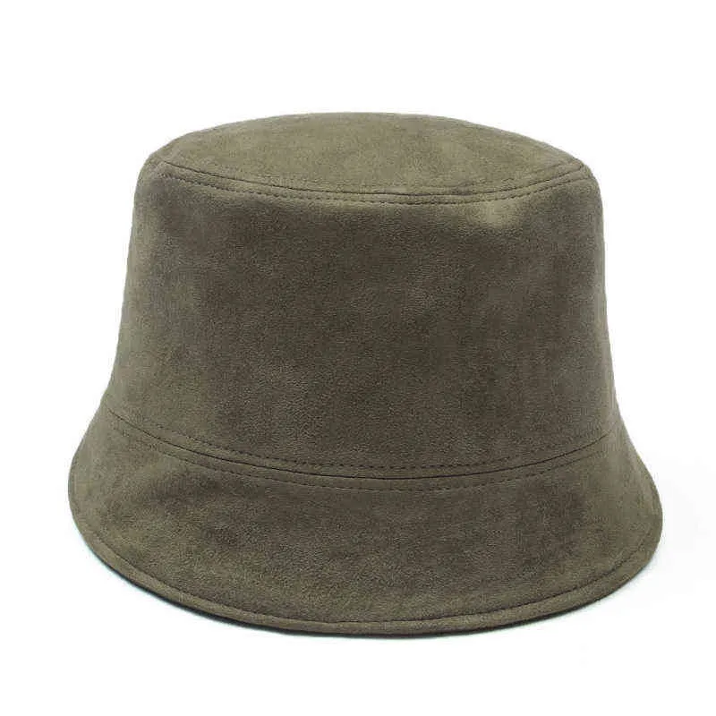 2021 Vår Höst Ny Kvinna Solid Färg Suede Fisherman Hat Fashion Leather Military Cap Sun Visor Hat Bucket Hat G220418