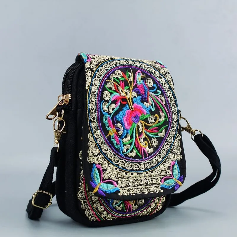 Bolso de hombro para mujer, bolso de viaje, bandolera con bordado Floral Vintage, bolso con cremallera, bolso bordado para teléfono móvil 220812