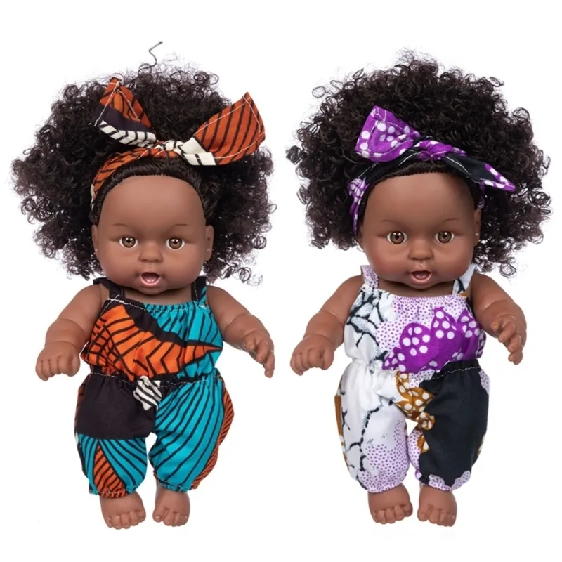 Dolls African Black Baby Toy عيون بنية واقعية وذاتية سوداء محاكاة الجلد الكرتونية لطيف Mini Boy Girl Gift 220826