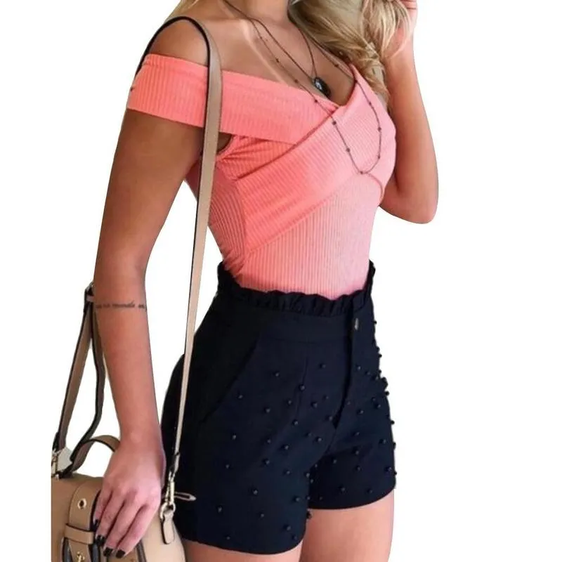 Fashion Solid Color High midje knapp Ruffled pärlstav sommarskorts shorts 2220704