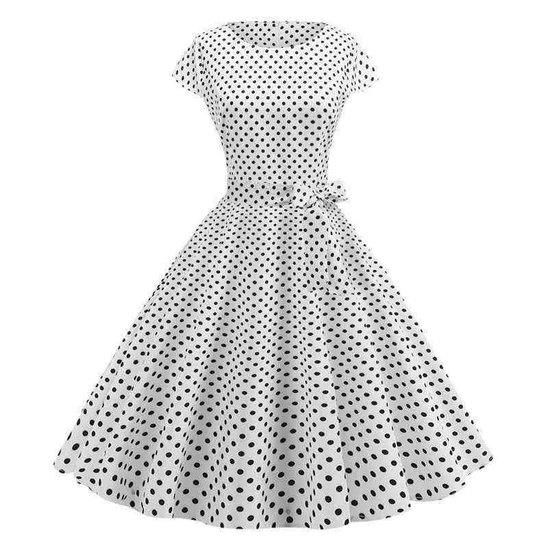 2022 Elegante mode polka dot zomerjurken dames dames korte mouw o-neck vintage pinup rockabilly knie-lengte feestjurk casual y220526