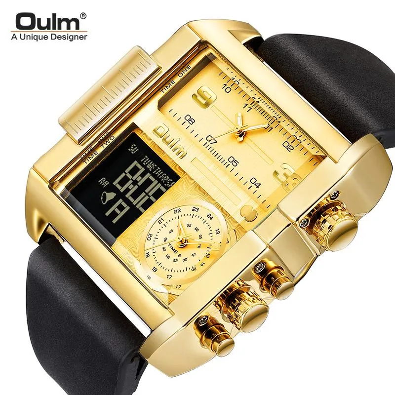 Наручные часы Oulm, светодиодные цифровые часы с большим циферблатом, мужские кварцевые часы с тремя часовыми поясами, двойной дисплей, мужские спортивные кожаные наручные часы230t