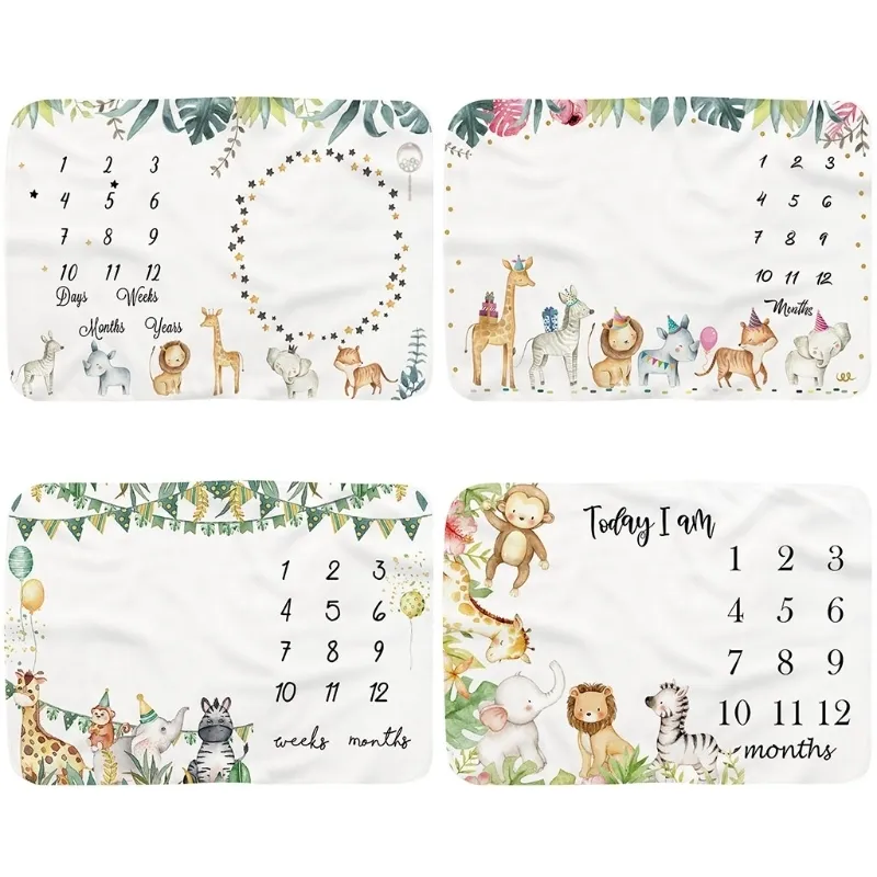 Baby Monthly Record Growth Milestone Blanket born Soft Flannel Cartoon Animal Printed Wrap Pography Props 220527