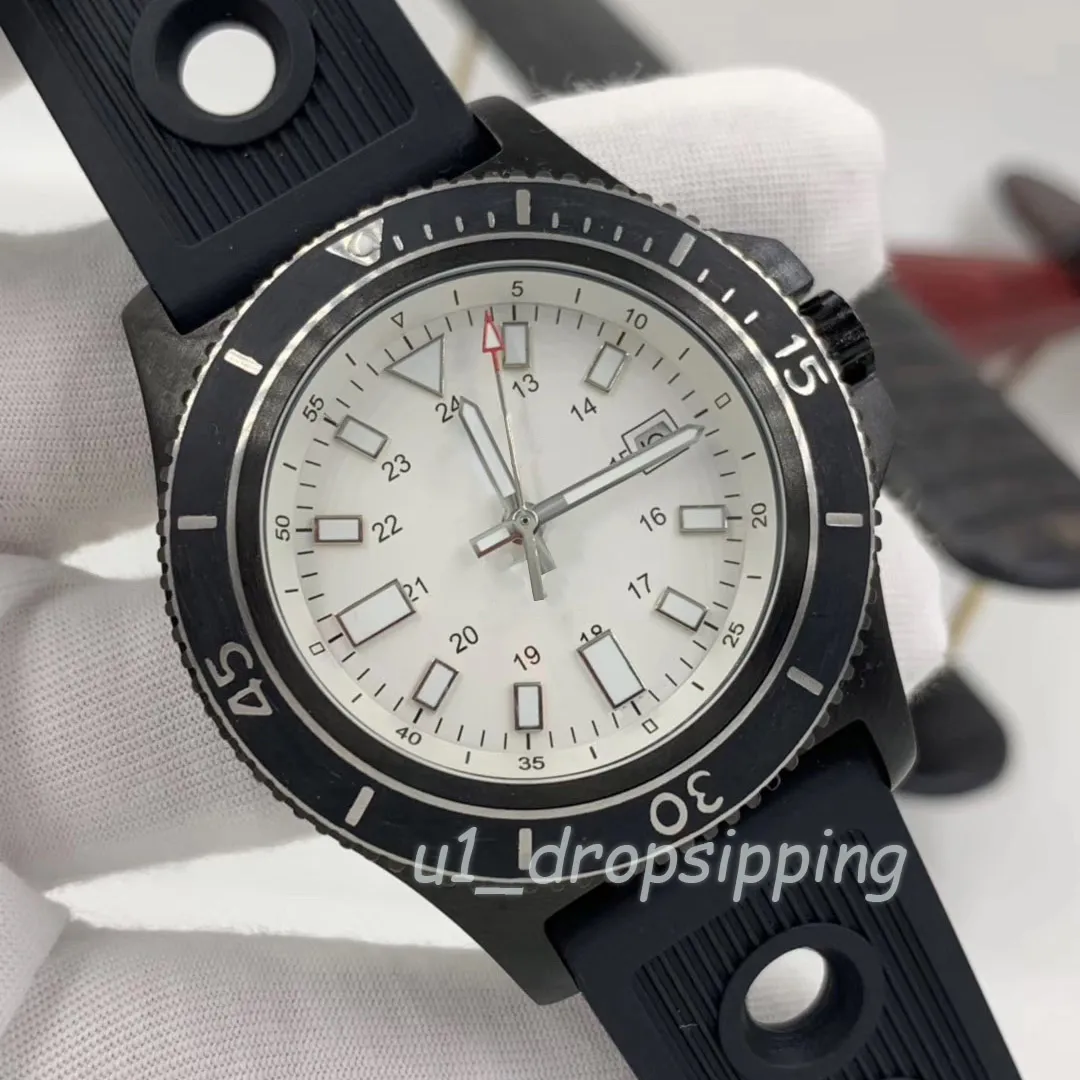 Drop - Orologio meccanico da uomo, orologio da 46 mm, quadrante bianco, cinturino in caucciù, lunetta girevole, orologio da polso alla moda258B