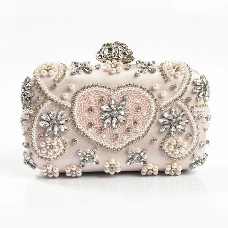 Abendtaschen Luxus Frauen Kristall Handgemachte Diamant Clutch Party Geldbörse Rosa Strass Perle Hochzeit Handtasche296L