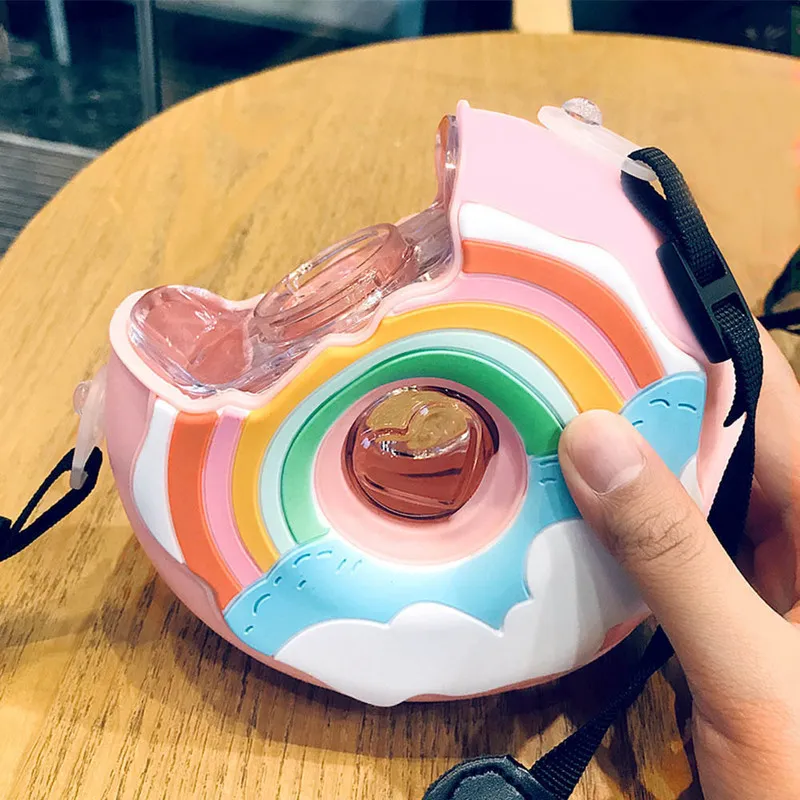 Cartoon Cute Donut Lody Butelka Wody Rainbow Creative Square Arbuz Cup Portable Luźne Czajnik z słomy 220329