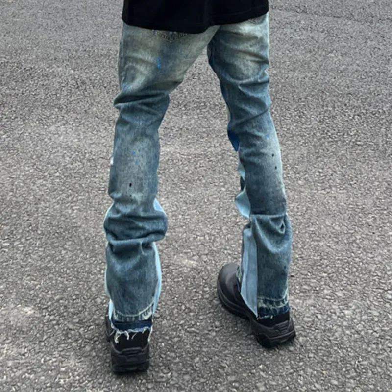 High Street Retro Ink Splash Patchwork Ripped Jeans Flare Pants Men and Women Straight Casual Oversized Loose Denim Trousers 220720