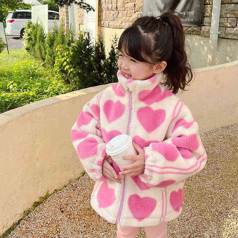 Cappotto ragazze Cappotto in velluto di agnello Super spesso Plus Velluto Cappotto d'amore Top 22 Inverno Nuovo abbigliamento esterno bambini New Pink J220718