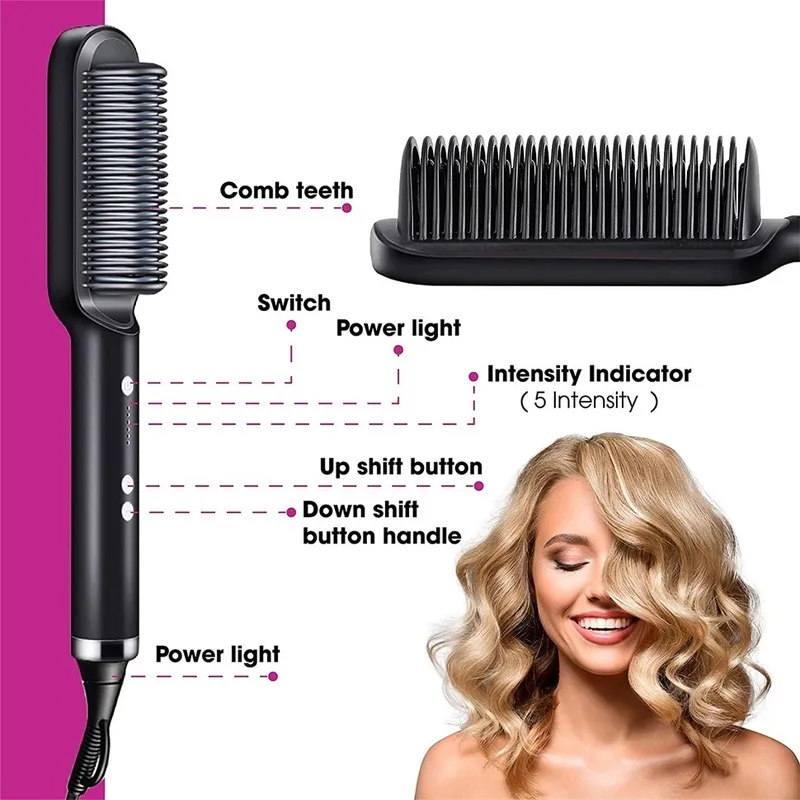 Hair Straightener Brush 2 In 1 Ionic Straightening Brush With 3 Heat Levels Fast Ceramic Heating Anti-Scald Straightening Comb 220623