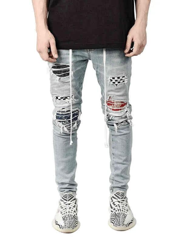 Gescheurde potlood jeans heren mager gat splitsende motorijgers gestreepte jeans vernietigd gat hiphop slank fit Jean heren pant g0104
