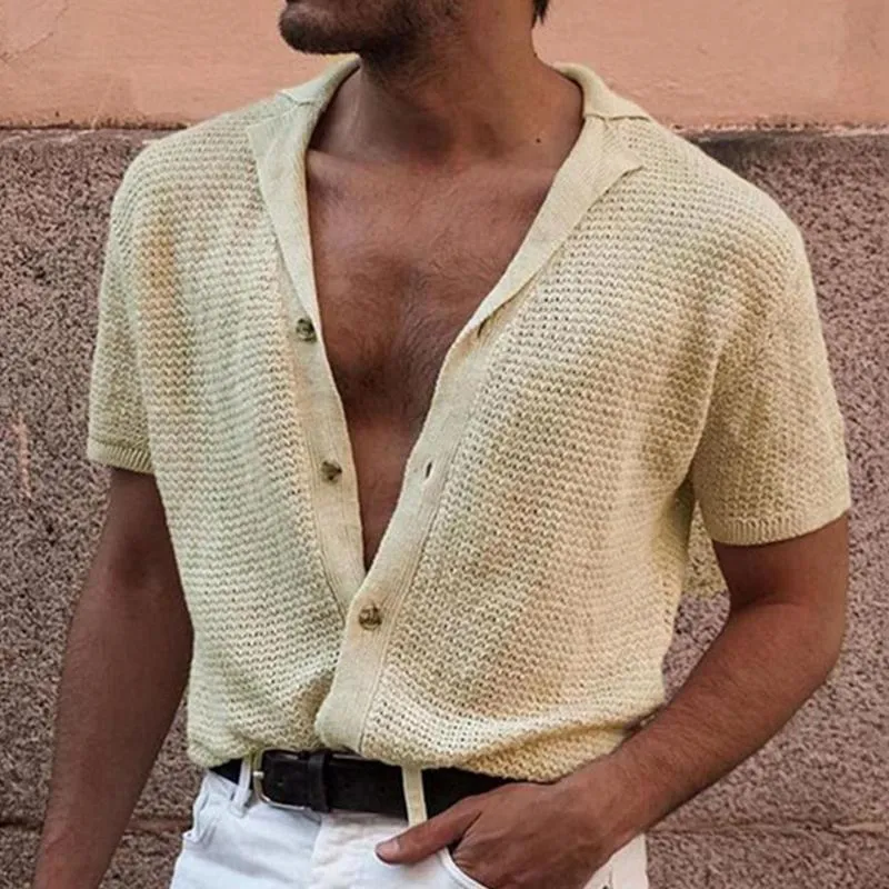 Mężczyzn T Shirt Solidny kolor dzianinowy letni top dla mężczyzn streetwear swobodny koszulki guziki lapowe na randki 220616